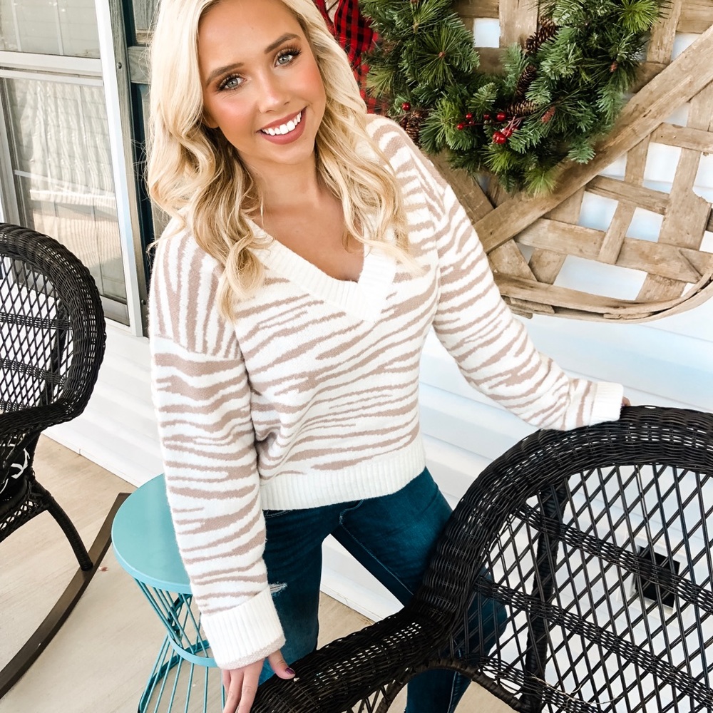 White/Mocha Zebra print sweater